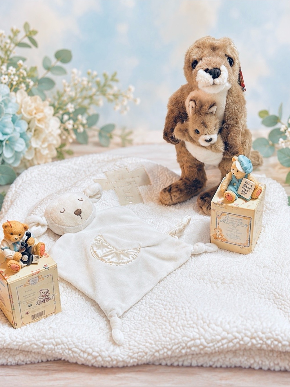 Babies Bundle w/blanket, security blankie, plush Kangaroo & 2 Cherished Teddies